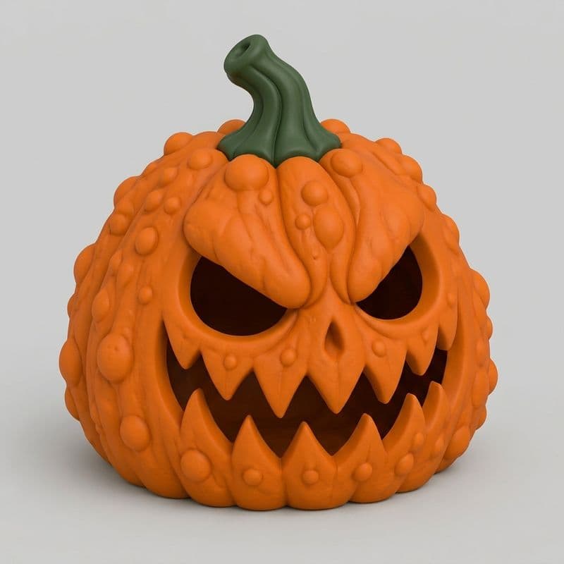 A glowing, 3D-printed hollow pumpkin sitting next to a 3D printer.