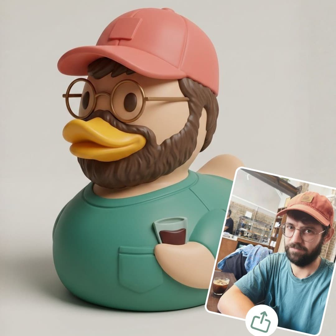 A bright, inviting modern workshop featuring customized 3D printed rubber ducks on a display shelf.