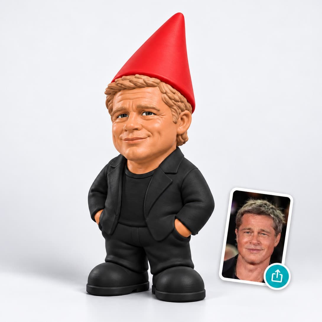 A highly detailed 3D printed garden gnome sitting on moss with a mischievous expression